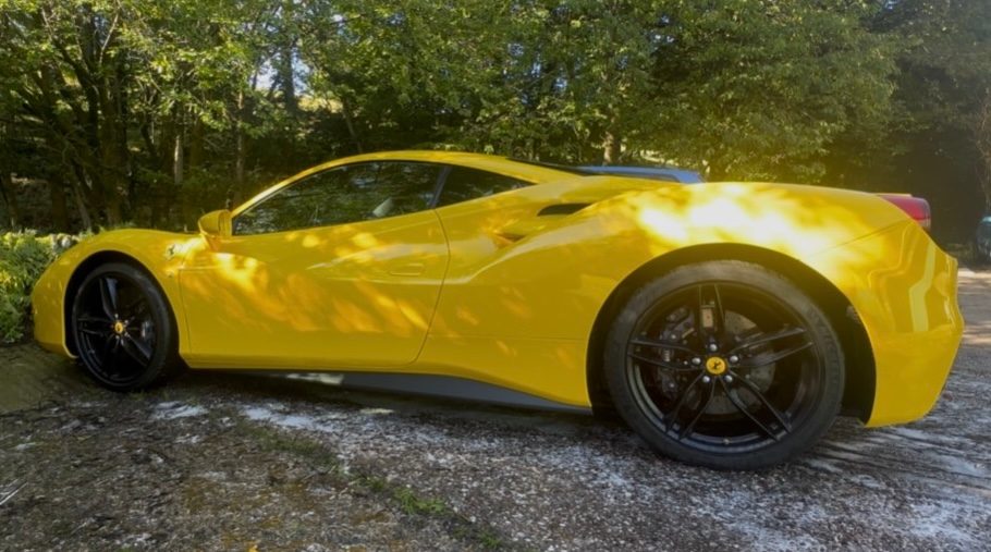 Yellow Ferrari in Greenfield, Oldham, after machine polishing and a ceramic coating